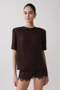 Harlyn Shoulder Pad Short Sleeve Satin Top - Dark Chocolate