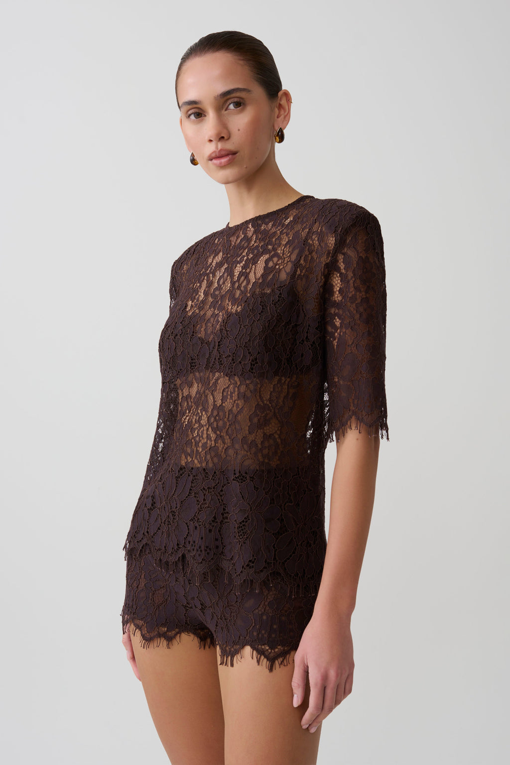 Harlyn Shoulder Pad Short Sleeve Lace Top - Dark Chocolate
