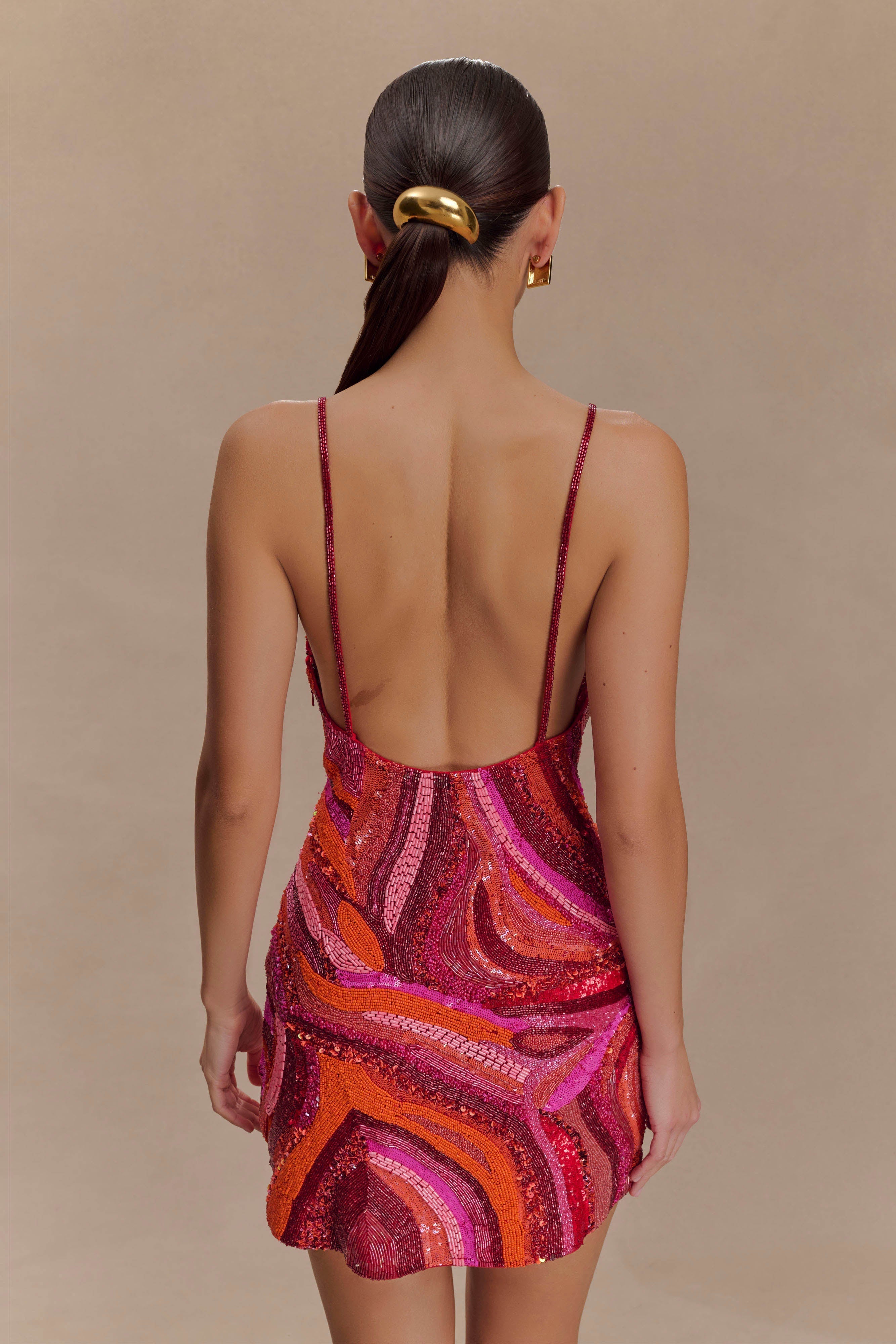 Eloise Hand Beaded Mini Dress - Pink Swirl Print
