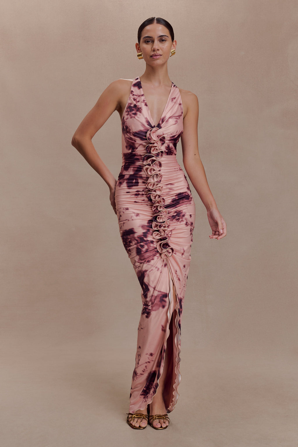 Alessandra Slinky Ruffle Maxi Dress - Pink Blurred Floral Print