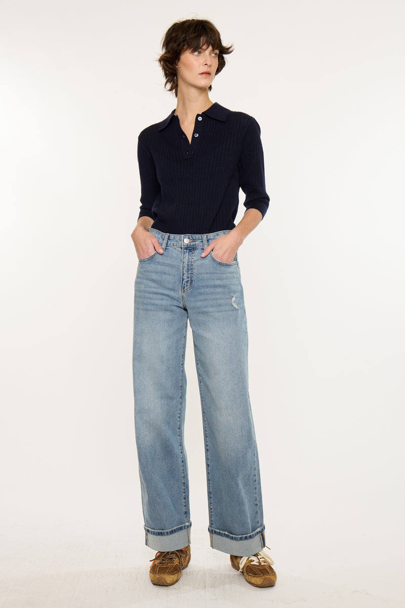 Women's High Rise Wide Leg Jeans - Medium Wash - Medium Wash (Style 150)