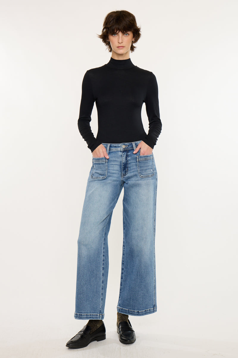 Women's Mid Rise Wide Ankle Jeans - Medium Dark Wash