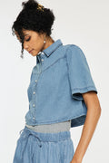 Women's Sleeve Crop Denim Shirt - Medium Wash