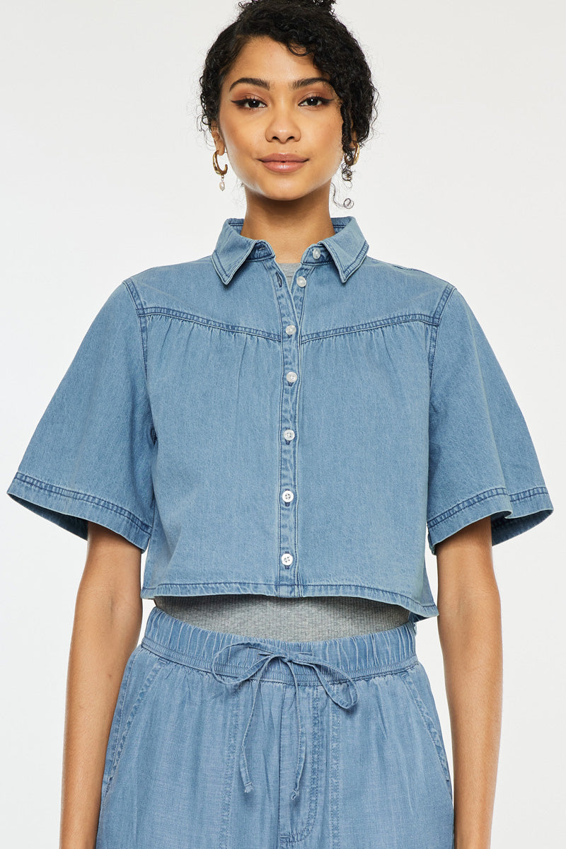 Women's Sleeve Crop Denim Shirt - Medium Wash - view 3