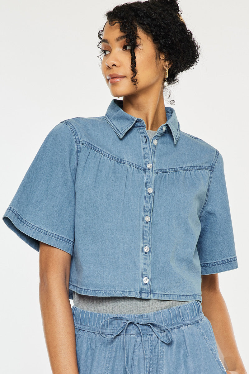 Women's Sleeve Crop Denim Shirt - Medium Wash - view 4