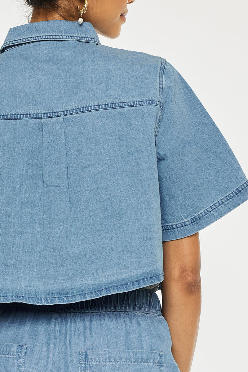 Women's Sleeve Crop Denim Shirt - Medium Wash - view 5