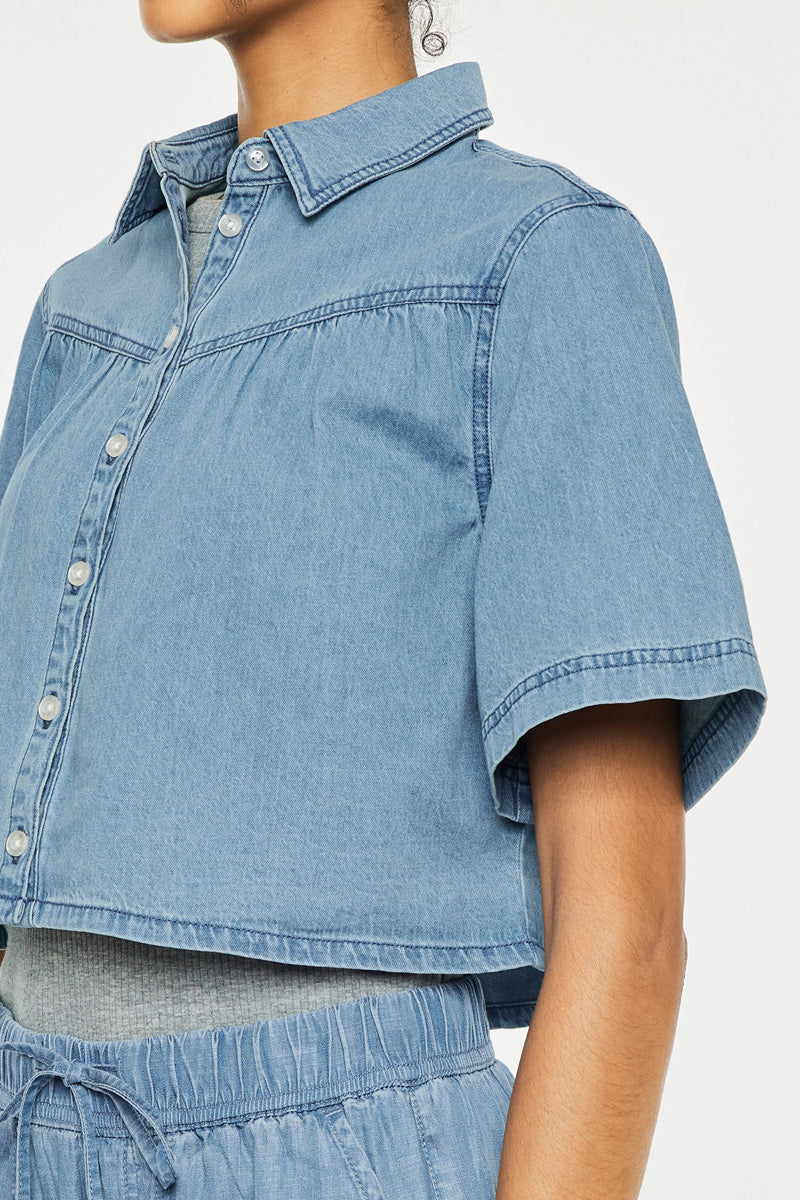 Women's Sleeve Crop Denim Shirt - Medium Wash - view 6