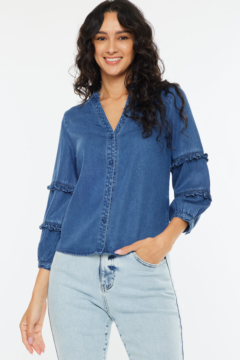 Women's Fitted Long Sleeve Denim Shirt - Medium Wash - view 2