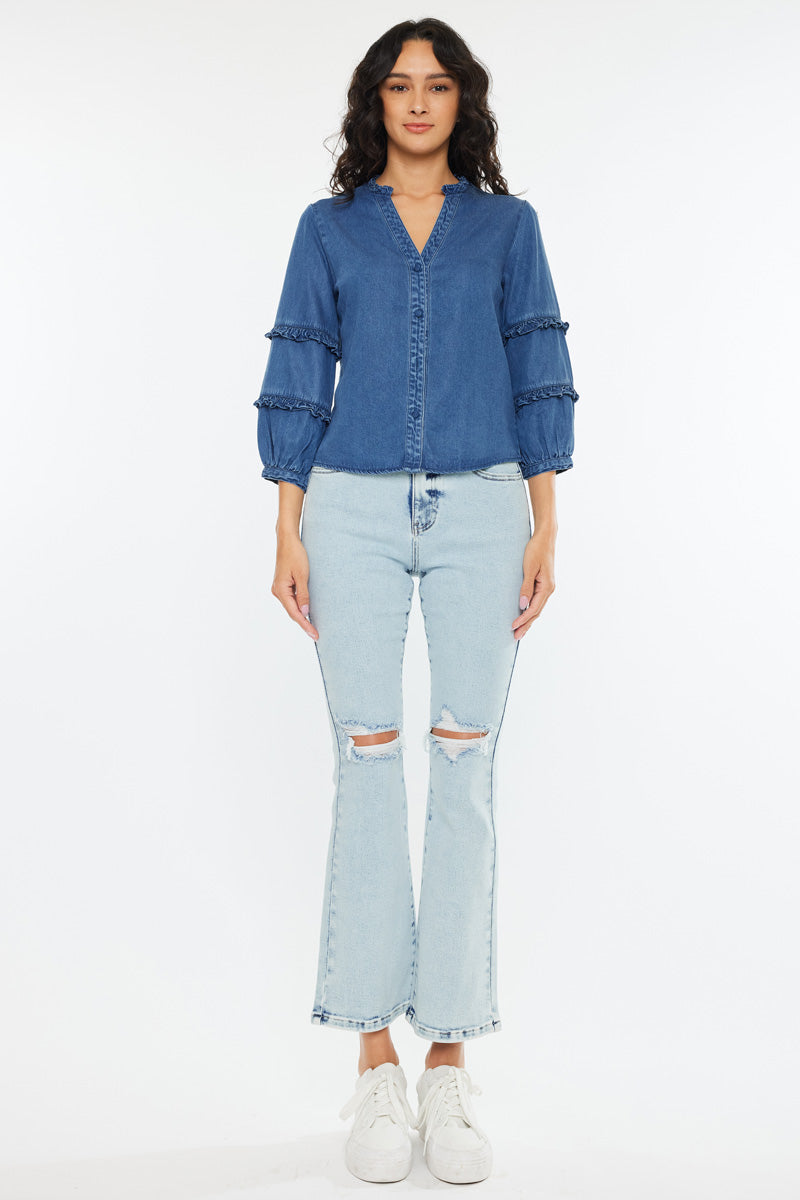 Women's Fitted Long Sleeve Denim Shirt - Medium Wash - view 6