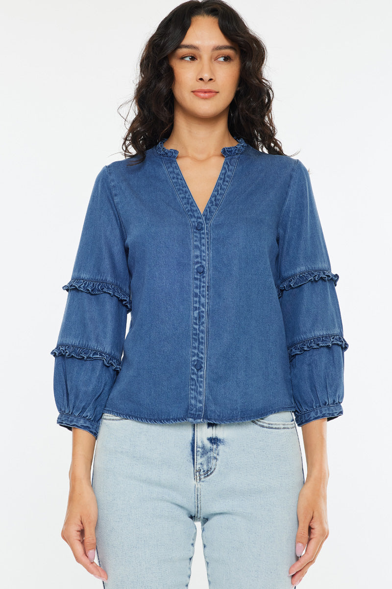 Women's Fitted Long Sleeve Denim Shirt - Medium Wash