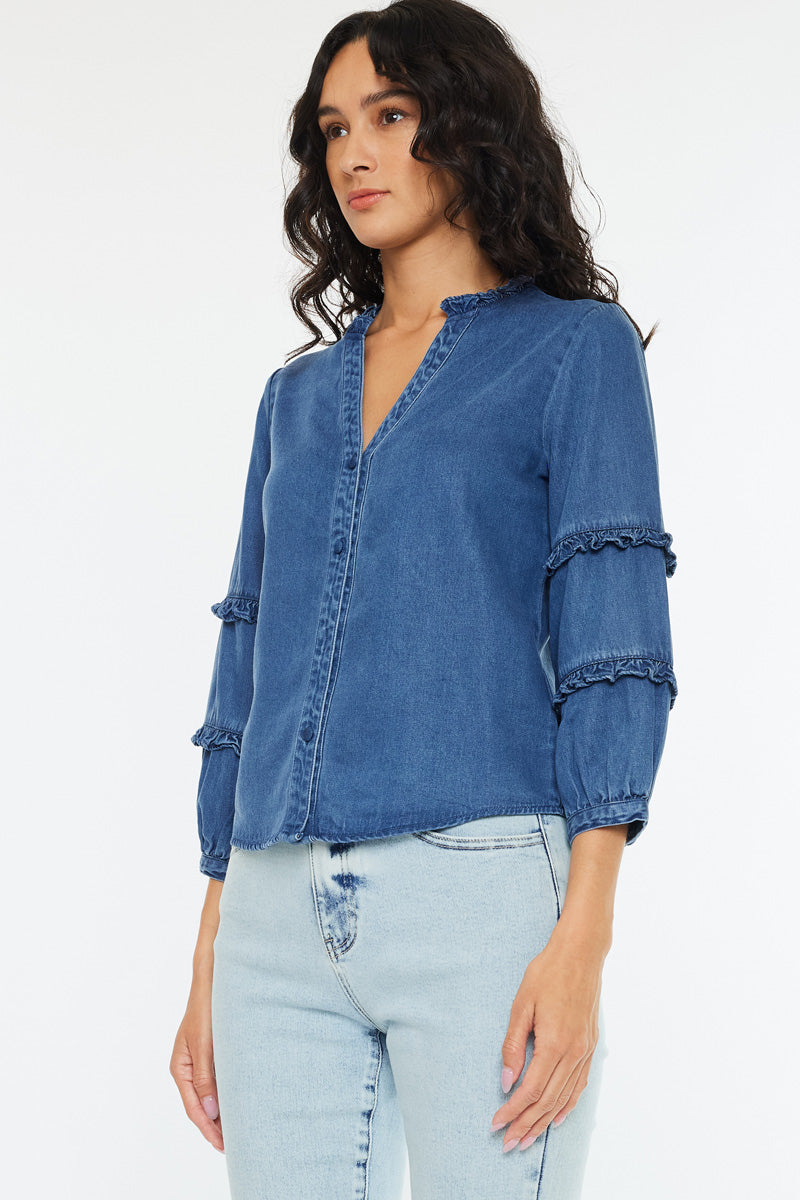 Women's Fitted Long Sleeve Denim Shirt - Medium Wash - view 3