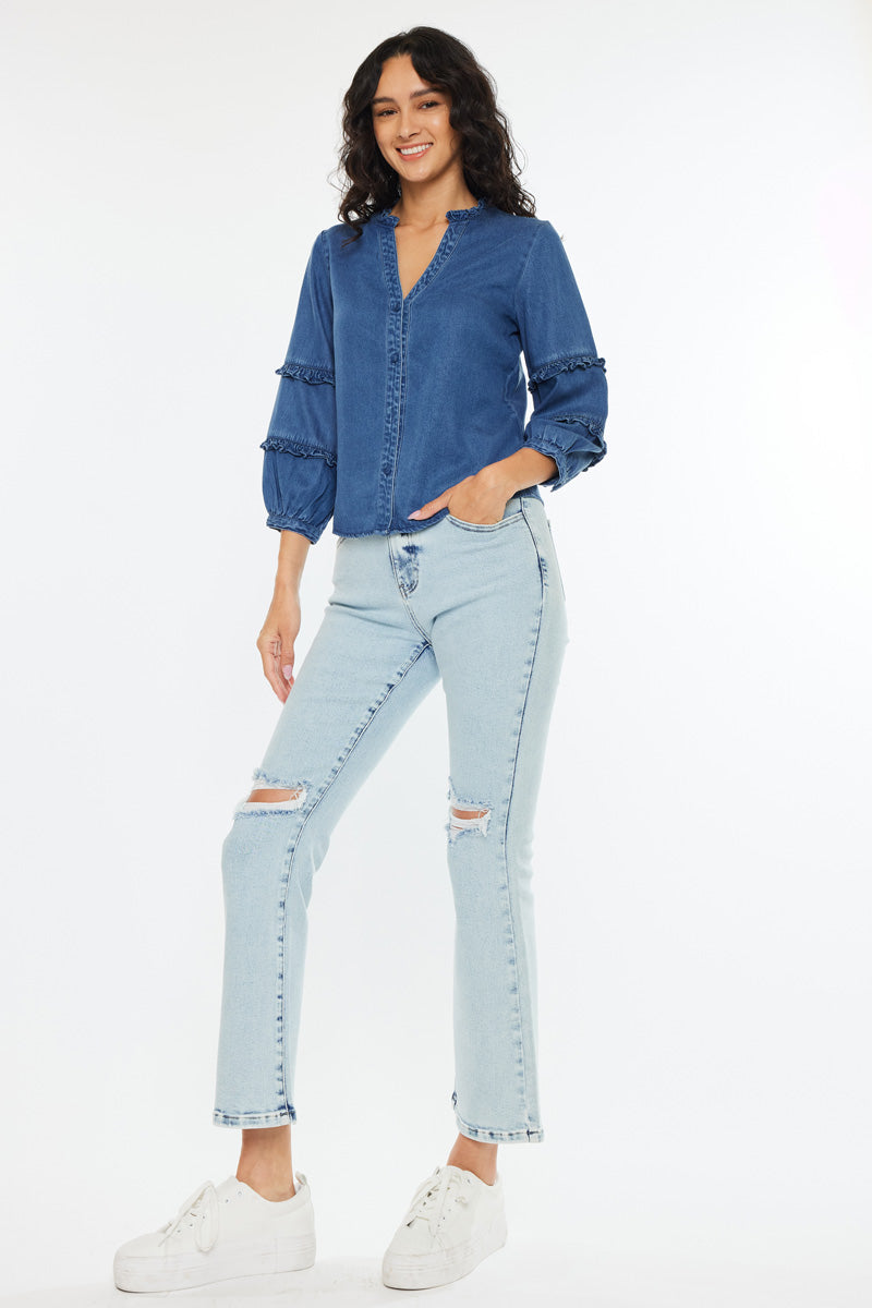 Women's Fitted Long Sleeve Denim Shirt - Medium Wash - view 5
