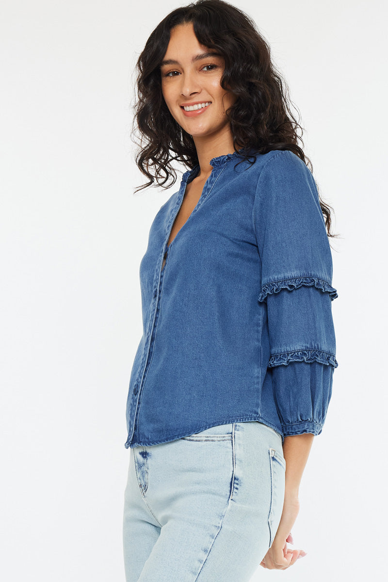 Women's Fitted Long Sleeve Denim Shirt - Medium Wash - view 4