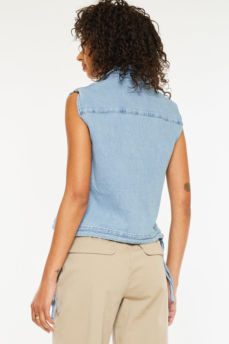 Women's V-Neck Sleeveless Denim Shirt - Light Wash - view 2