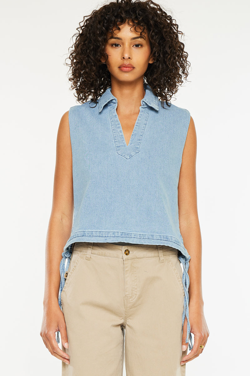 Women's V-Neck Sleeveless Denim Shirt - Light Wash - view 4