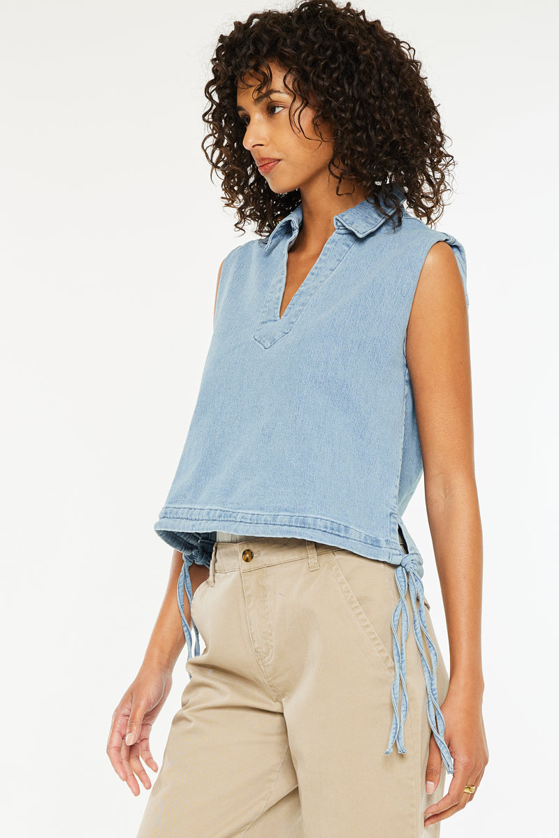 Women's V-Neck Sleeveless Denim Shirt - Light Wash - view 3