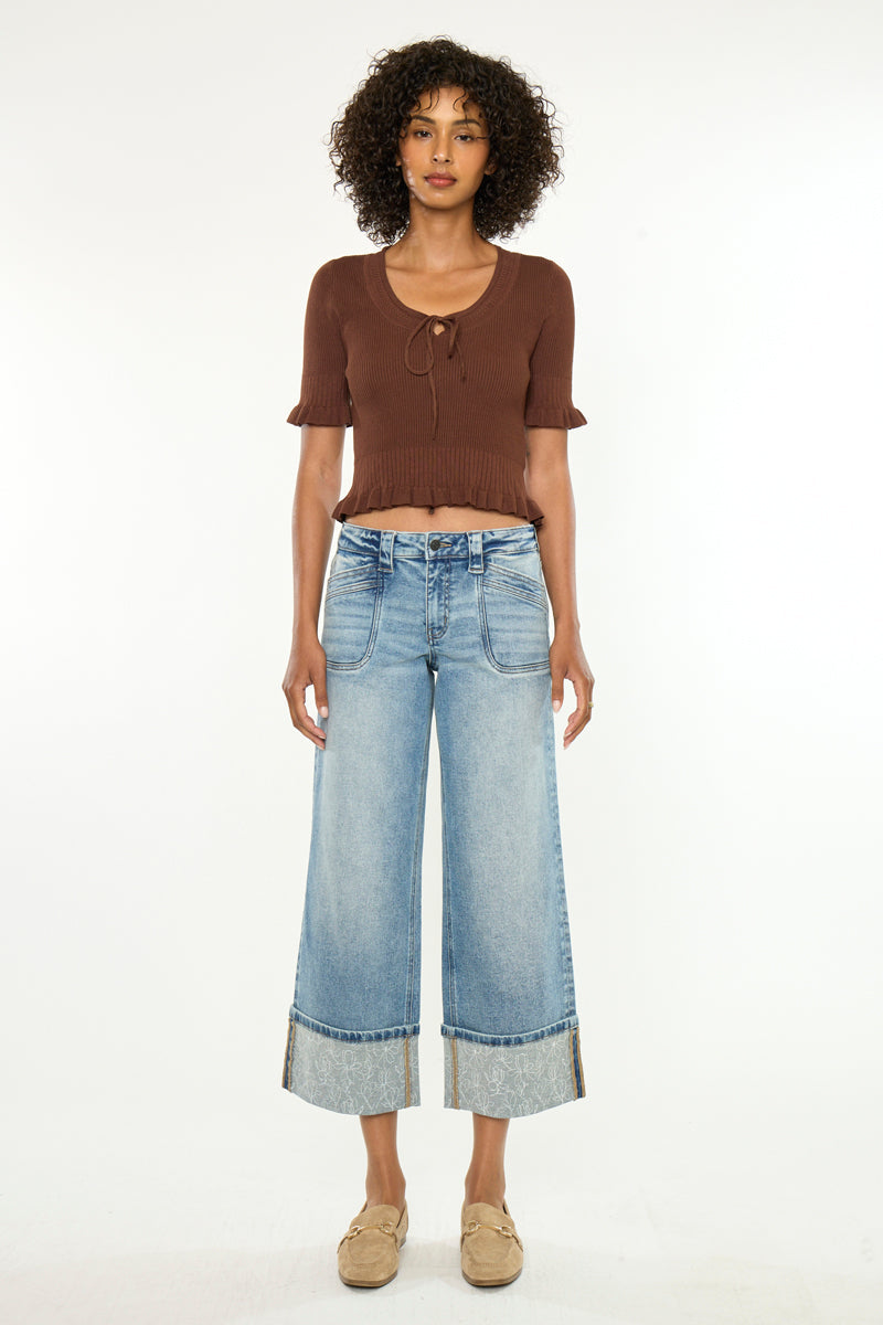 Women's Mid Rise Crop Wide Leg Jeans - Medium Wash - Medium Wash - view 6