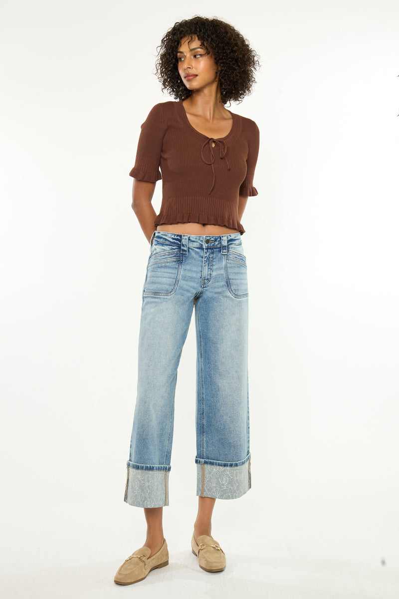 Women's Mid Rise Crop Wide Leg Jeans - Medium Wash - Medium Wash