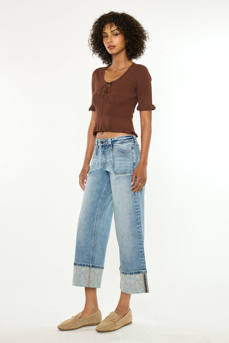 Women's Mid Rise Crop Wide Leg Jeans - Medium Wash - Medium Wash - view 3
