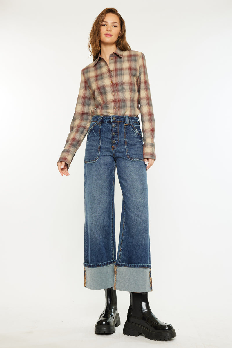 Women's High Rise Wide Leg Jeans - Dark Wash - Dark Wash (Style 144) - view 3