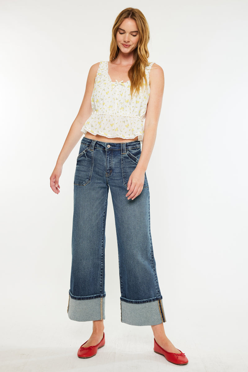 Women's Mid Rise Wide Leg Jeans - Dark Wash