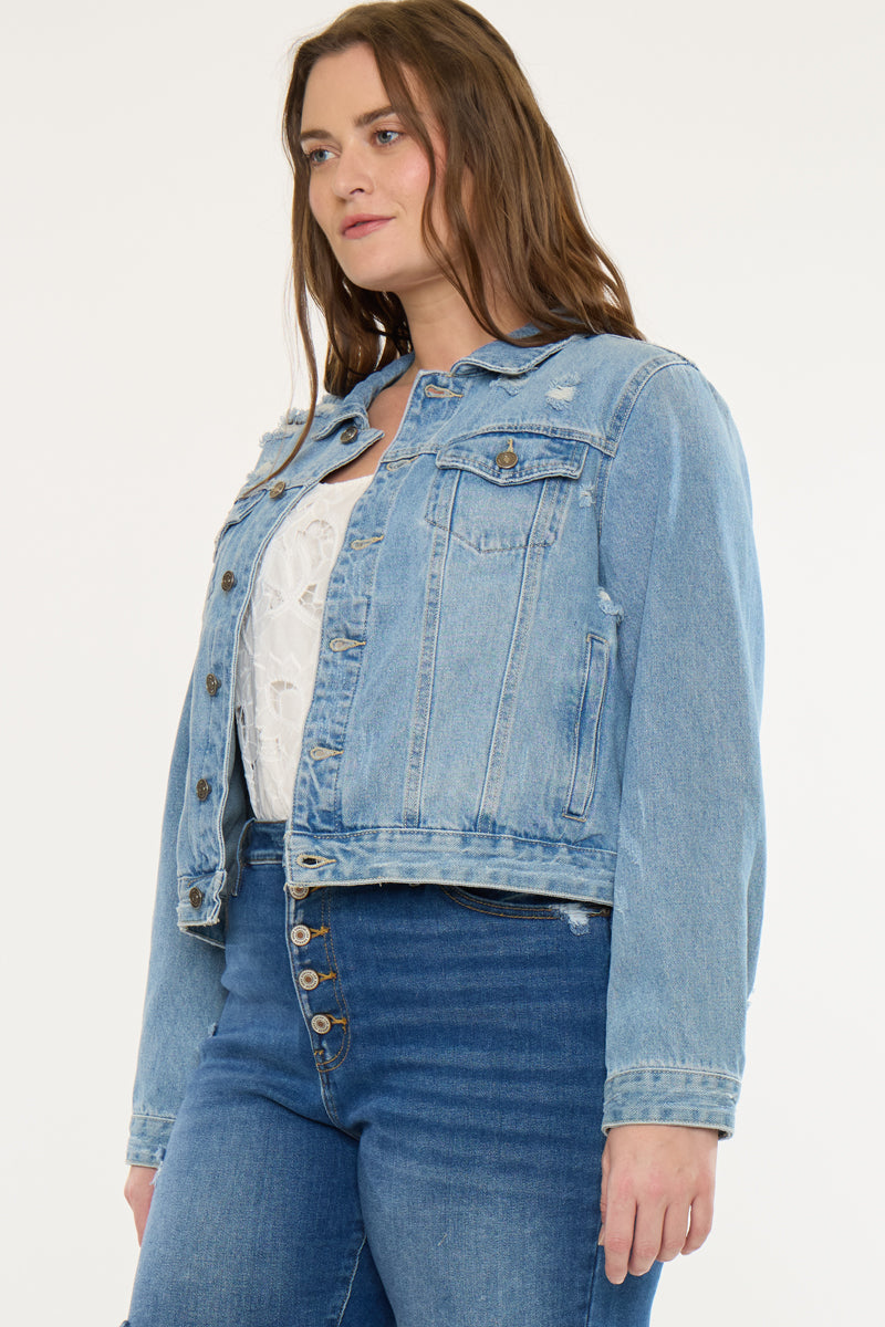 Plus Size Women's Classic Trucker Denim Jacket - Medium Wash - view 3