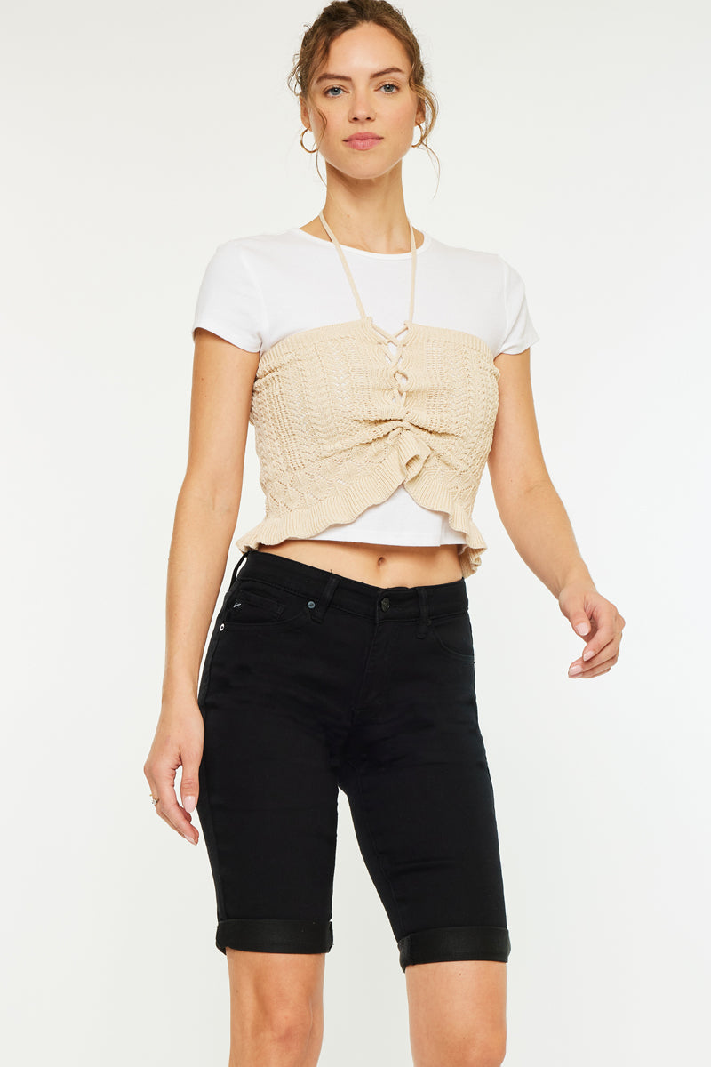 Women's Mid Rise Bermuda Denim Shorts - Black