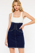 Women's Lace Up Corset Denim Skirt - Dark Wash