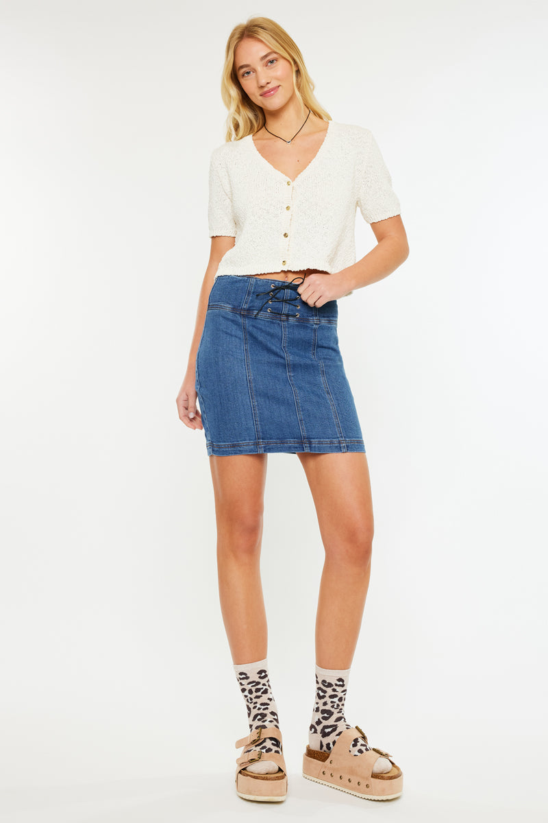 Women's High Rise Lace Up Corset Denim Skirt - Medium Wash