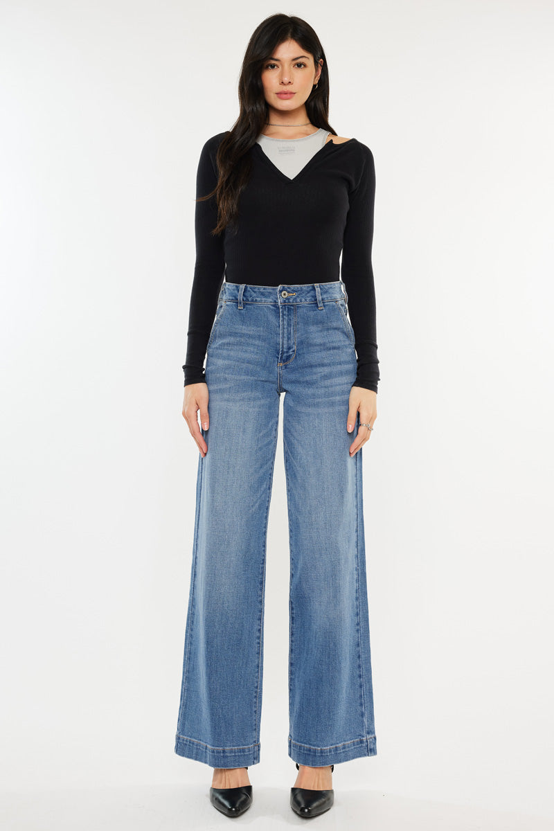 Women's High Rise Wide Leg Jeans - Medium Wash - Medium Wash (Style 153)