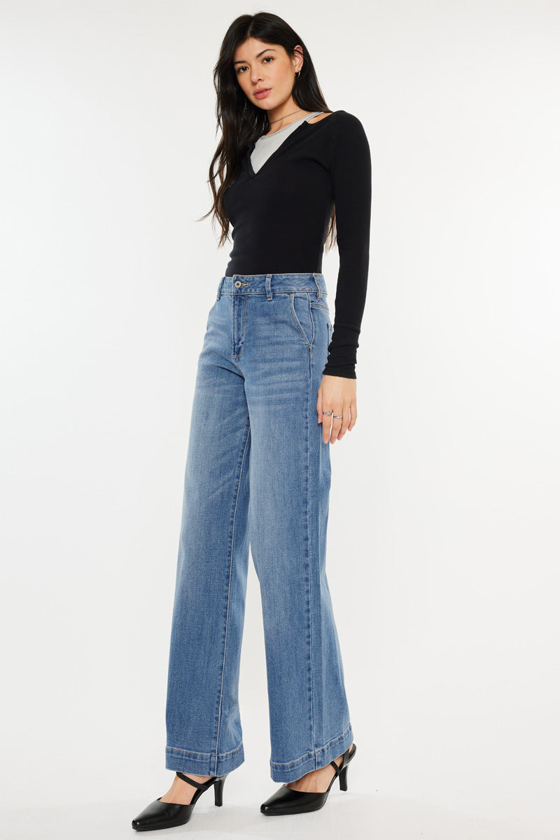 Women's High Rise Wide Leg Jeans - Medium Wash - Medium Wash (Style 153) - view 3