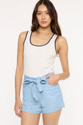 Women's Ultra High Rise Belted Paper-Bag Denim Shorts - Light Wash