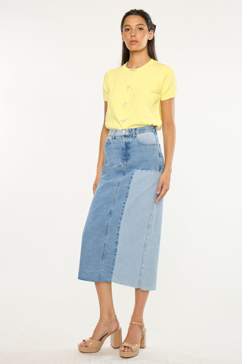 Women's Color Block Midi Denim Skirt - Light Wash