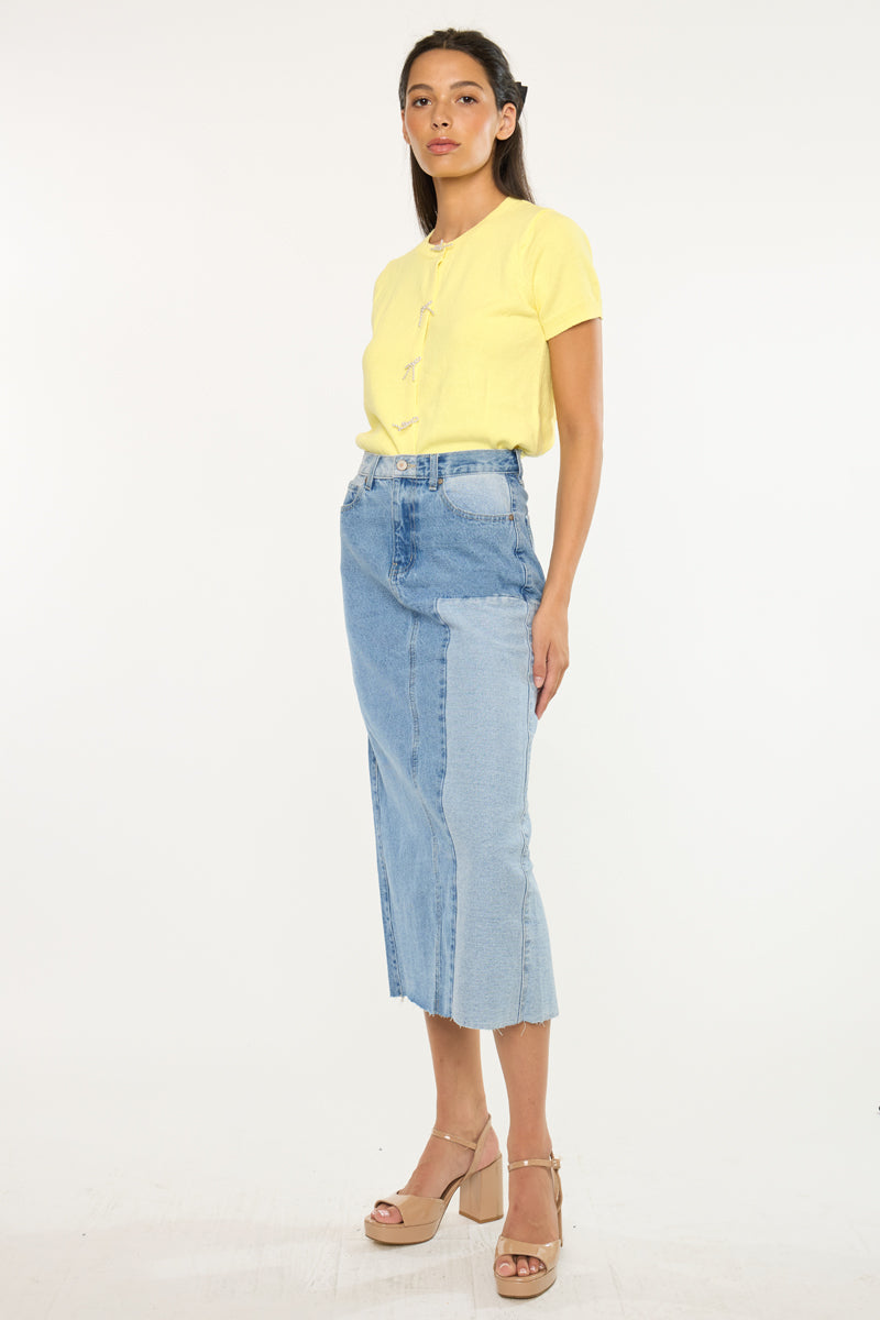 Women's Color Block Midi Denim Skirt - Light Wash - view 3
