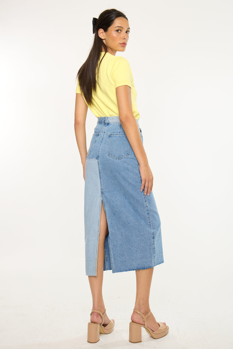 Women's Color Block Midi Denim Skirt - Light Wash - view 2