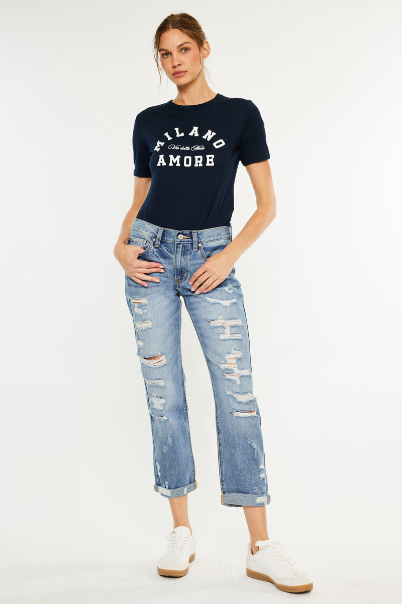 Women's Mid Rise Boyfriend Jeans - Medium Wash