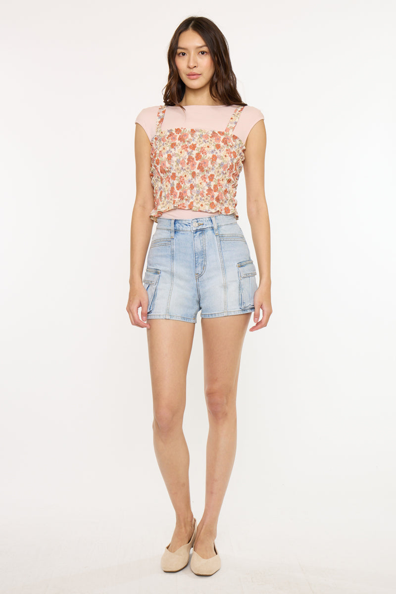 Women's Ultra High Rise Cargo Denim Shorts - Light Wash